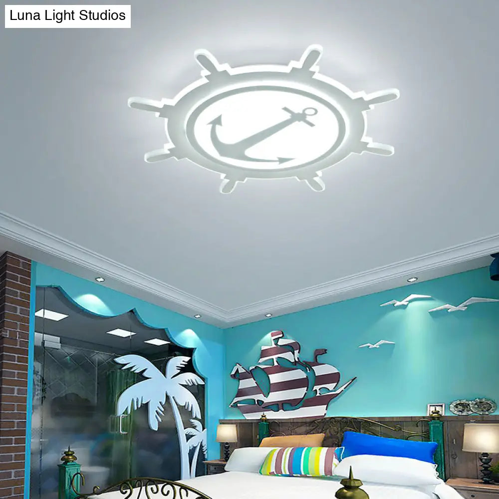 Rudder Shaped Led Flush Ceiling Light For Kindergarten - Simple & Stylish White Acrylic Mount