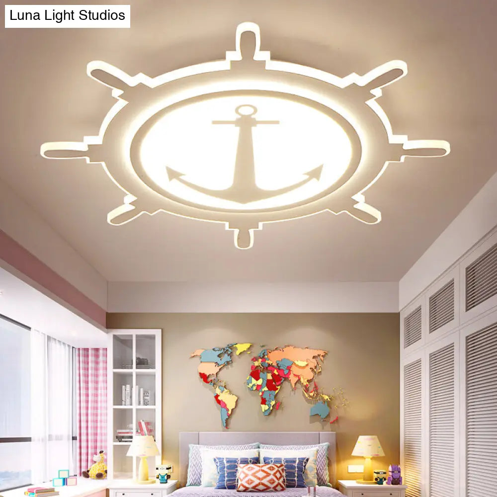 Rudder Shaped Led Flush Ceiling Light For Kindergarten - Simple & Stylish White Acrylic Mount