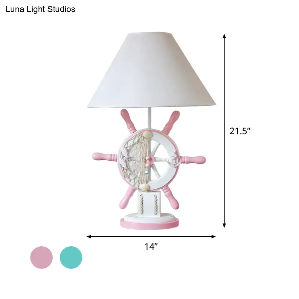 Rudder Wood Table Lamp - Cartoon 1 Head Pink/Green Nightstand For Bedroom With Fabric Cone Shade