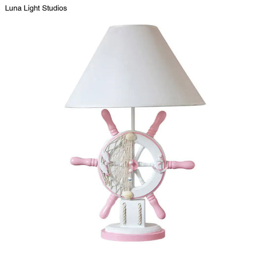 Rudder Wood Table Lamp - Cartoon 1 Head Pink/Green Nightstand For Bedroom With Fabric Cone Shade