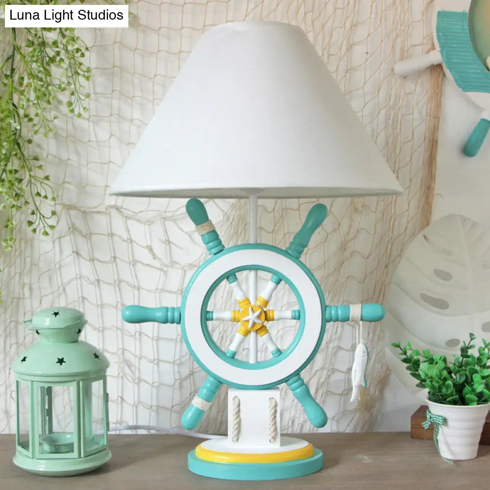 Rudder Wood Table Lamp - Cartoon 1 Head Pink/Green Nightstand For Bedroom With Fabric Cone Shade