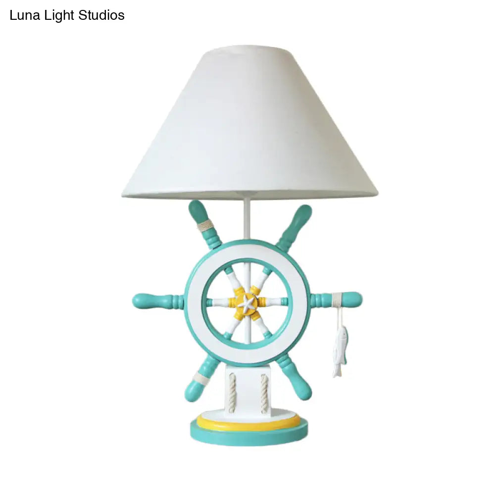 Rudder Wood Table Lamp - Cartoon 1 Head Pink/Green Nightstand For Bedroom With Fabric Cone Shade