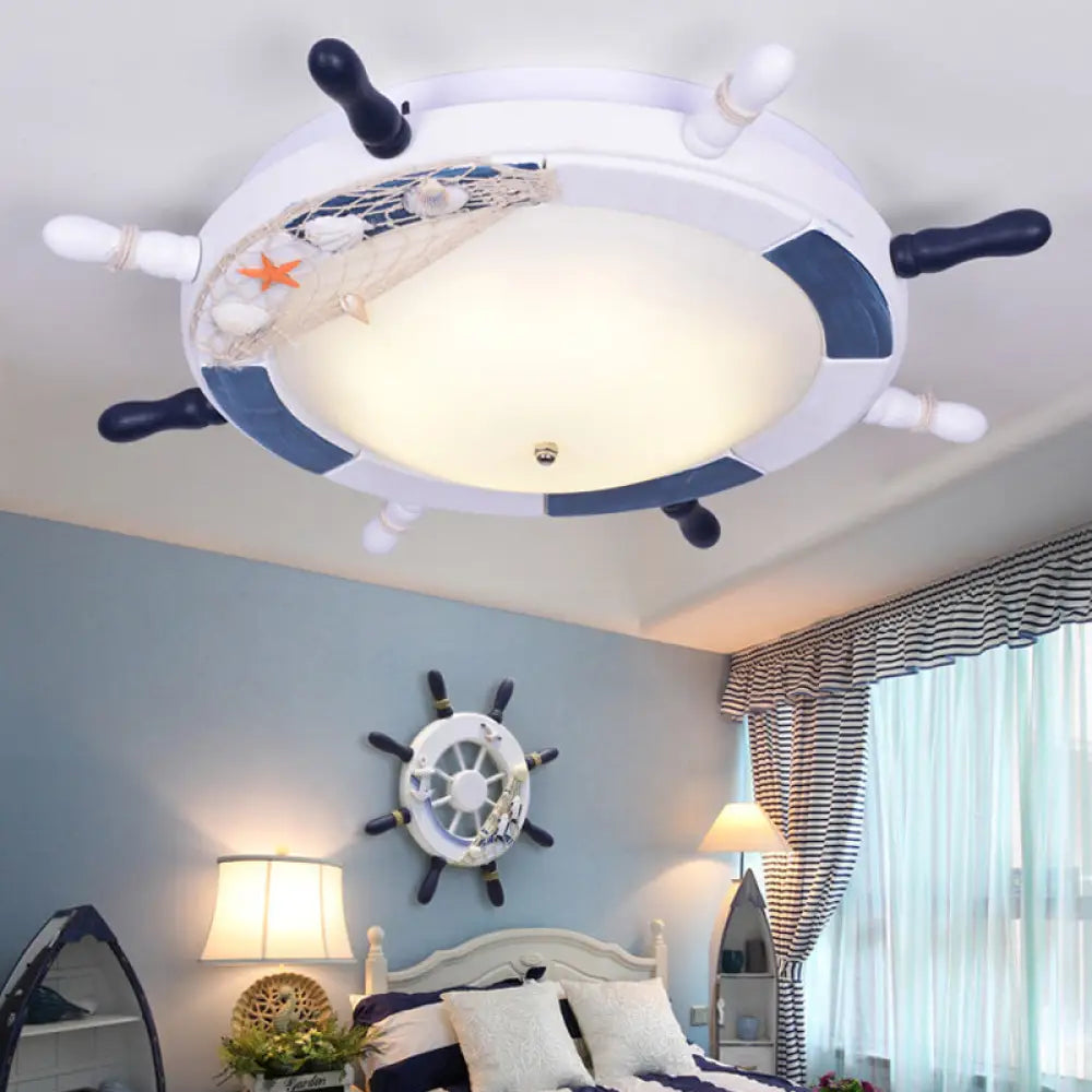 Rudder Wooden Flush Mount Lamp - Nautical Style Led Ceiling Light With Frosted Glass Shade White