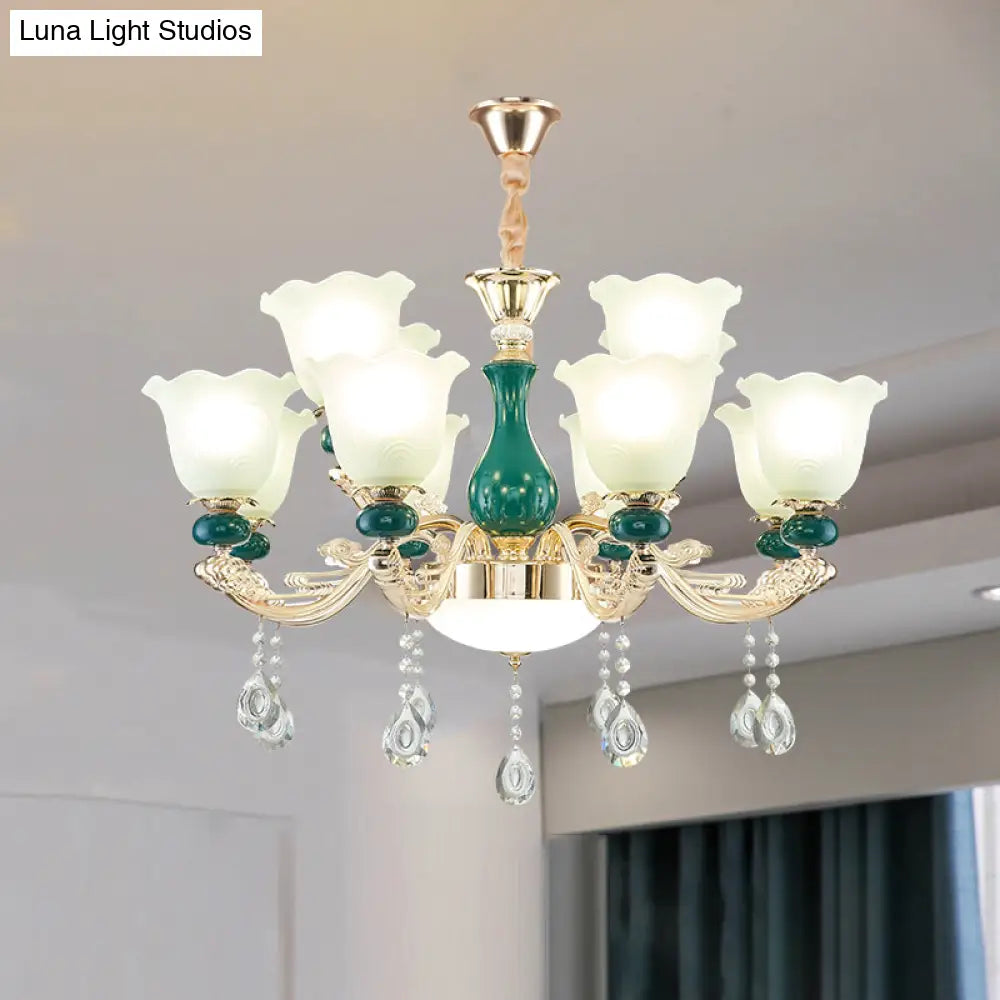 Ruffle Bell Glass Chandelier Light With Hanging Green Crystals - Cream Suspension