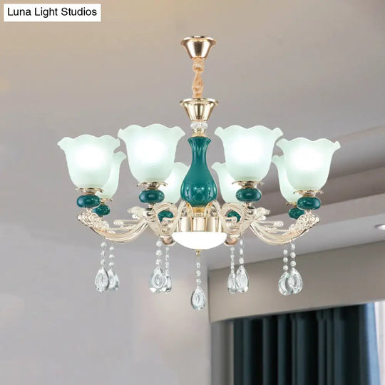 Ruffle Bell Glass Chandelier Light With Hanging Green Crystals - Cream Suspension