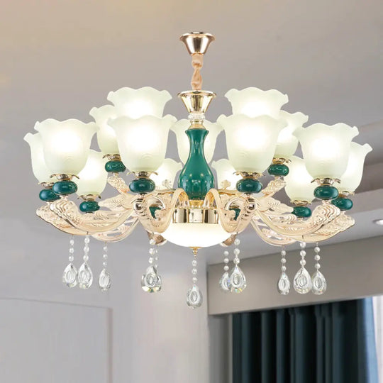 Ruffle Bell Glass Chandelier Light With Hanging Green Crystals - Cream Suspension 15 /