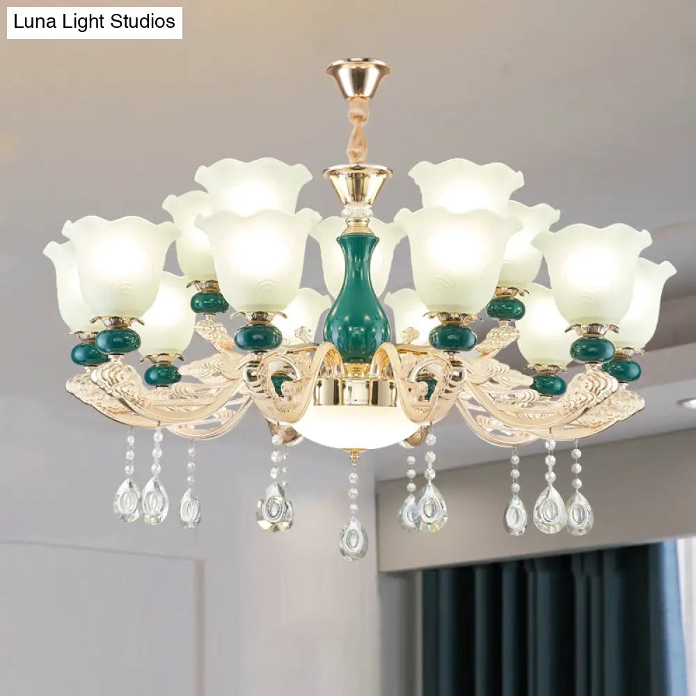 Ruffle Bell Glass Chandelier Light With Hanging Green Crystals - Cream Suspension