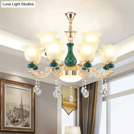 Ruffle Bell Glass Chandelier Light With Hanging Green Crystals - Cream Suspension