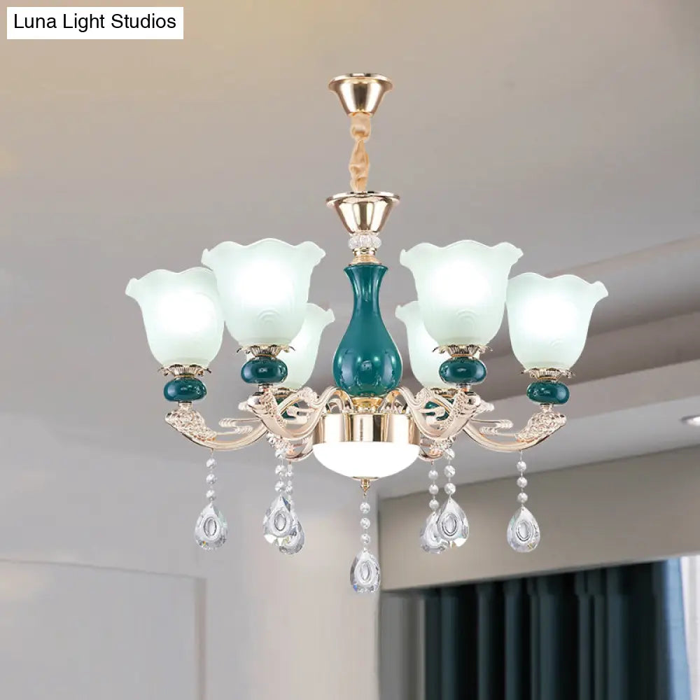 Ruffle Bell Glass Chandelier Light With Hanging Green Crystals - Cream Suspension