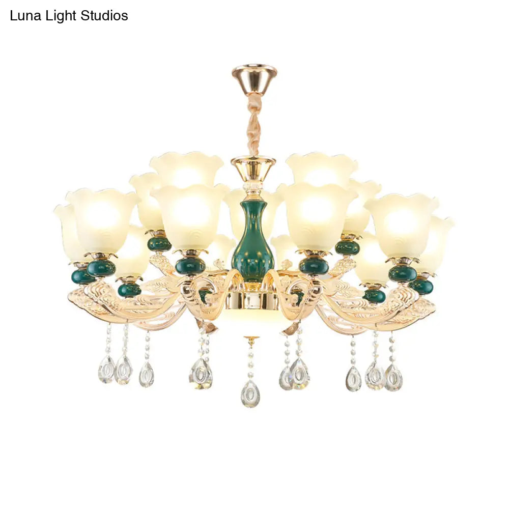 Ruffle Bell Glass Chandelier Light With Hanging Green Crystals - Cream Suspension