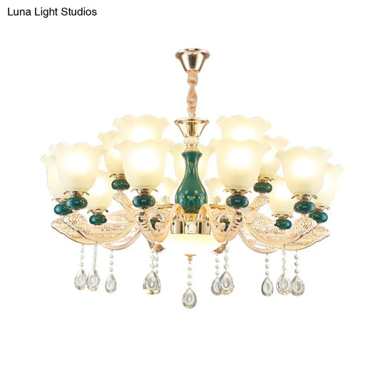 Ruffle Bell Glass Chandelier Light With Hanging Green Crystals - Cream Suspension