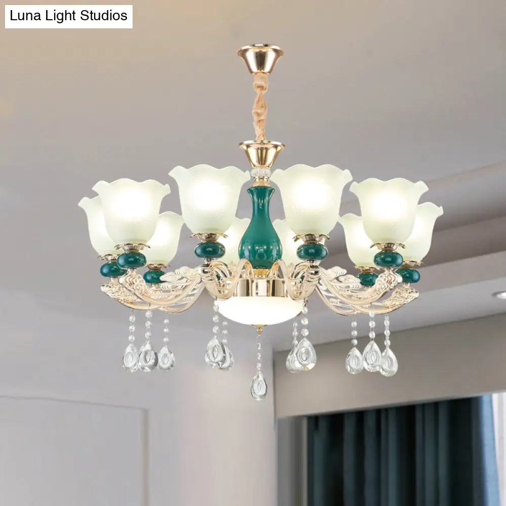 Ruffle Bell Glass Chandelier Light With Hanging Green Crystals - Cream Suspension