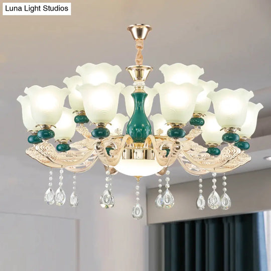 Ruffle Bell Glass Chandelier Light With Hanging Green Crystals - Cream Suspension