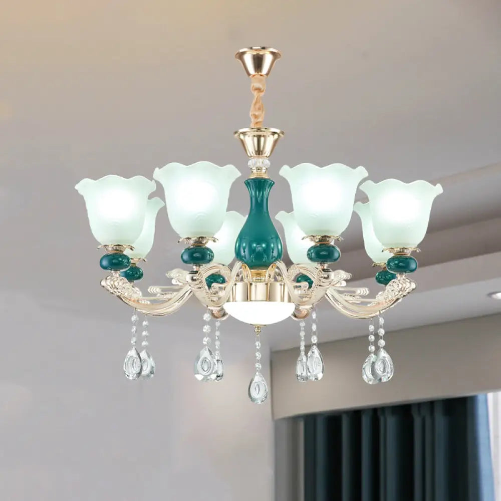 Ruffle Bell Glass Chandelier Light With Hanging Green Crystals - Cream Suspension 8 /