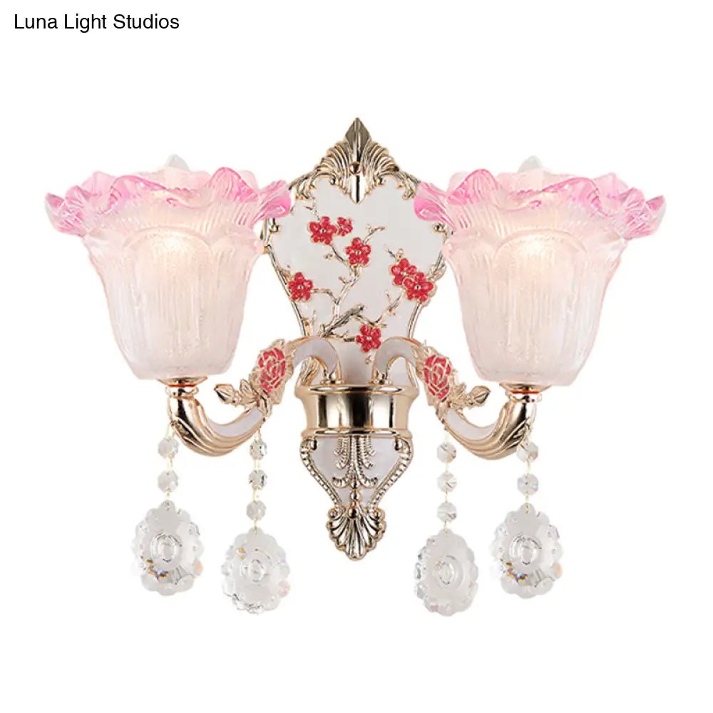 Ruffle Glass Sconce Lamp With Crystal Accents - Modern Pink-White Wall Light Fixture (2 Pack)