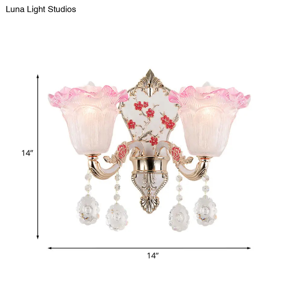 Ruffle Glass Sconce Lamp With Crystal Accents - Modern Pink-White Wall Light Fixture (2 Pack)