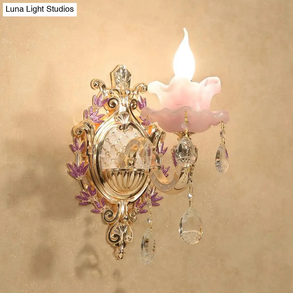 Ruffle Purple Glass Sconce Lamp - Countryside 1/2-Light Wall Mount Lighting With K9 Crystal Drop