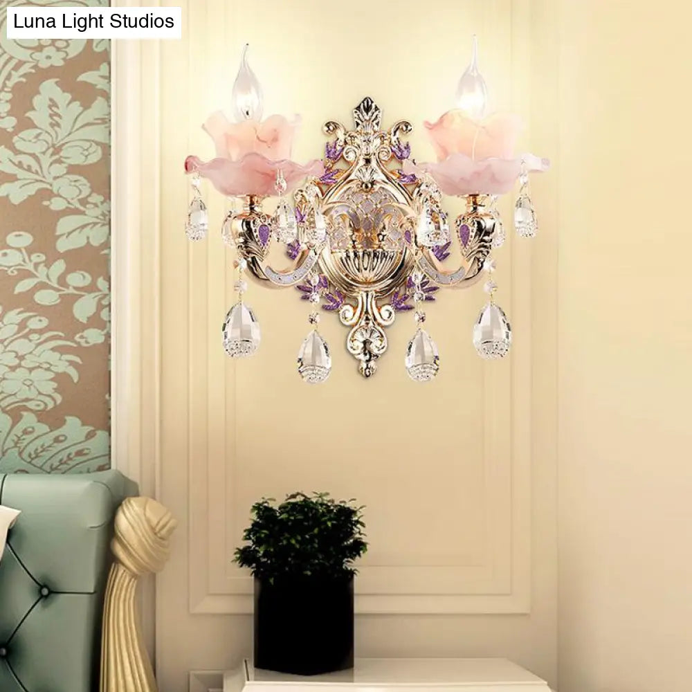 Ruffle Purple Glass Sconce Lamp - Countryside 1/2-Light Wall Mount Lighting With K9 Crystal Drop