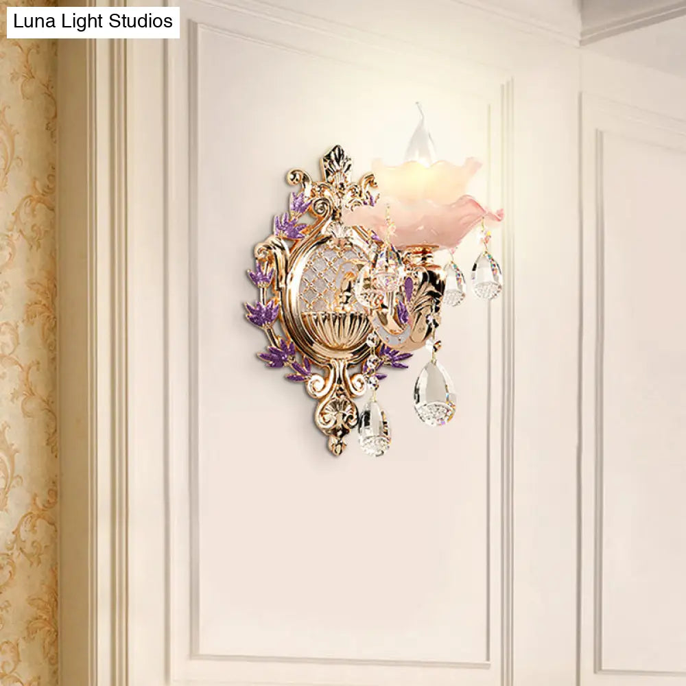 Ruffle Purple Glass Sconce Lamp - Countryside 1/2-Light Wall Mount Lighting With K9 Crystal Drop