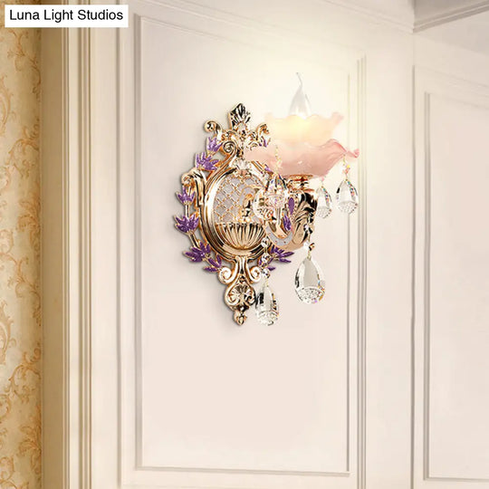 Ruffle Purple Glass Sconce Lamp - Countryside 1/2-Light Wall Mount Lighting With K9 Crystal Drop