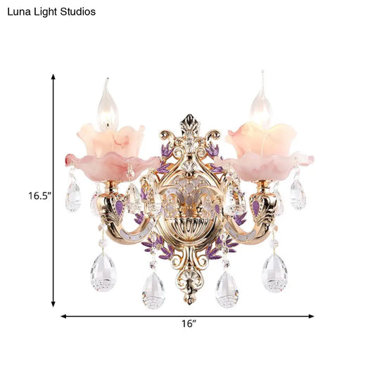 Ruffle Purple Glass Sconce Lamp - Countryside 1/2-Light Wall Mount Lighting With K9 Crystal Drop