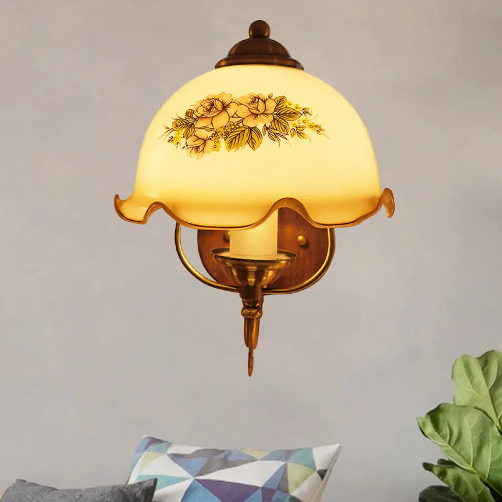 Ruffle-Trim Dome Tan Glass Wall Lamp With Studio Sconce Light In Wood - Single Bulb