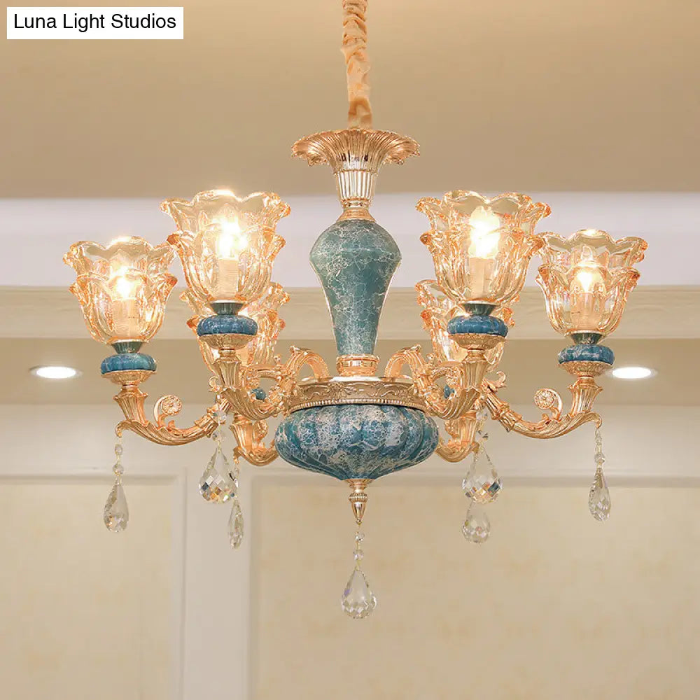 Ruffled Edge Gold Pendant Light With Crystal Draping - Retro Handblown Glass Chandelier For Living