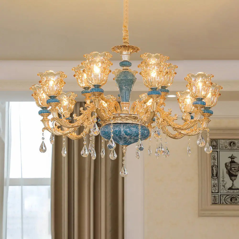 Ruffled Edge Gold Pendant Light With Crystal Draping - Retro Handblown Glass Chandelier For Living