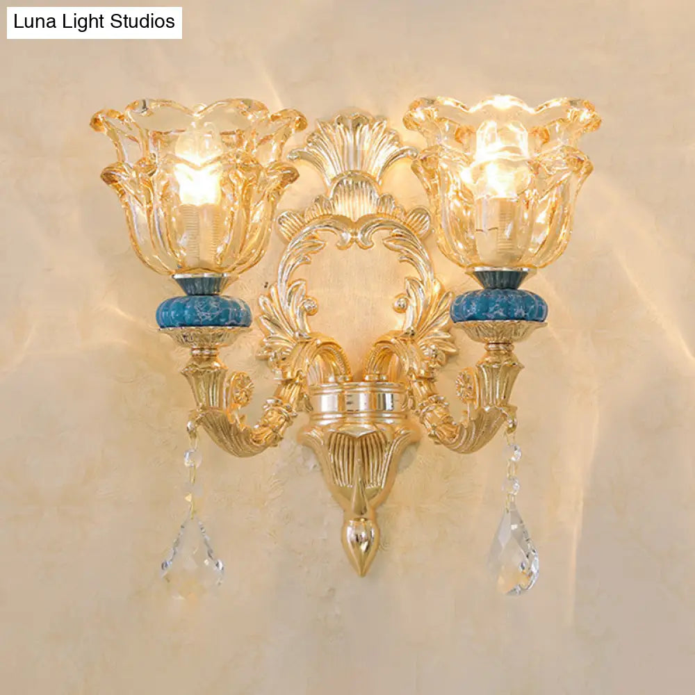 Ruffled Edge Gold Pendant Light With Crystal Draping - Retro Handblown Glass Chandelier For Living