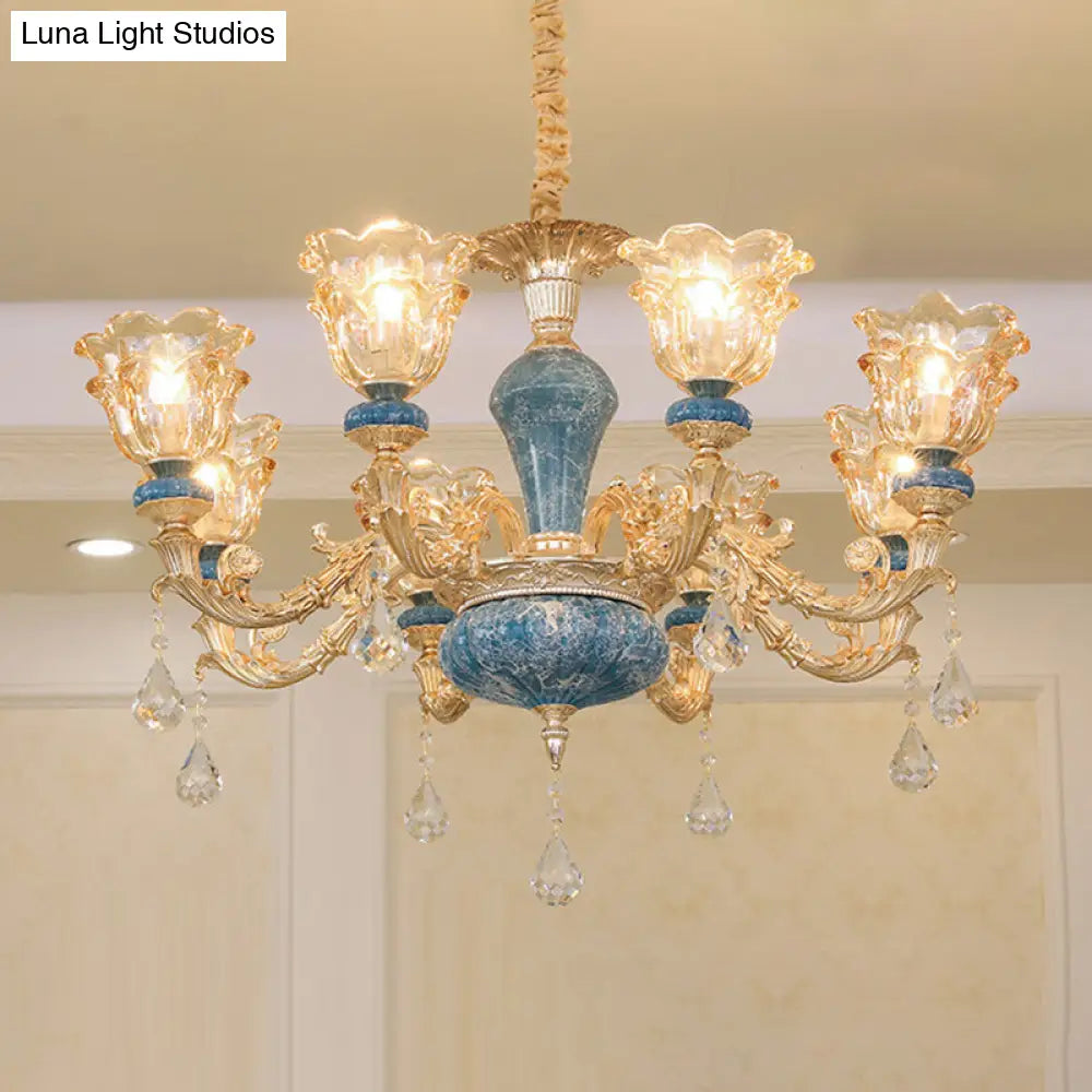 Ruffled Edge Gold Pendant Light With Crystal Draping - Retro Handblown Glass Chandelier For Living