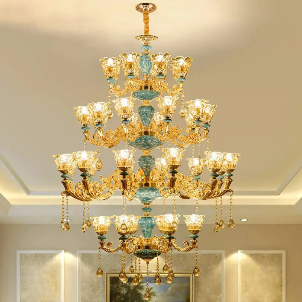 Ruffled Edge Gold Pendant Light With Crystal Draping - Retro Handblown Glass Chandelier For Living