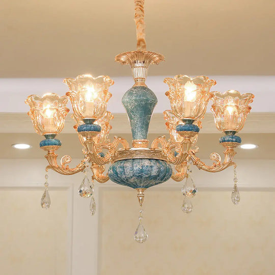 Ruffled Edge Gold Pendant Light With Crystal Draping - Retro Handblown Glass Chandelier For Living