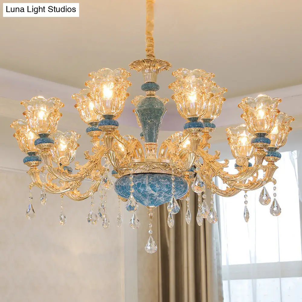 Ruffled Edge Gold Pendant Light With Crystal Draping - Retro Handblown Glass Chandelier For Living