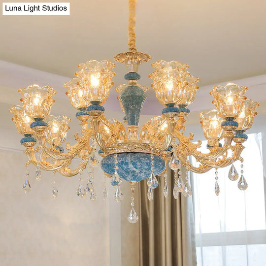 Ruffled Edge Gold Pendant Light With Crystal Draping - Retro Handblown Glass Chandelier For Living