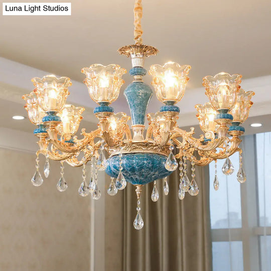 Ruffled Edge Gold Pendant Light With Crystal Draping - Retro Handblown Glass Chandelier For Living