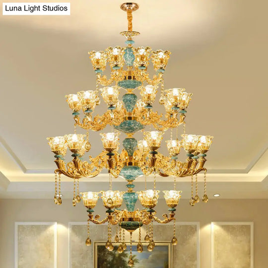 Ruffled Edge Gold Pendant Light With Crystal Draping - Retro Handblown Glass Chandelier For Living