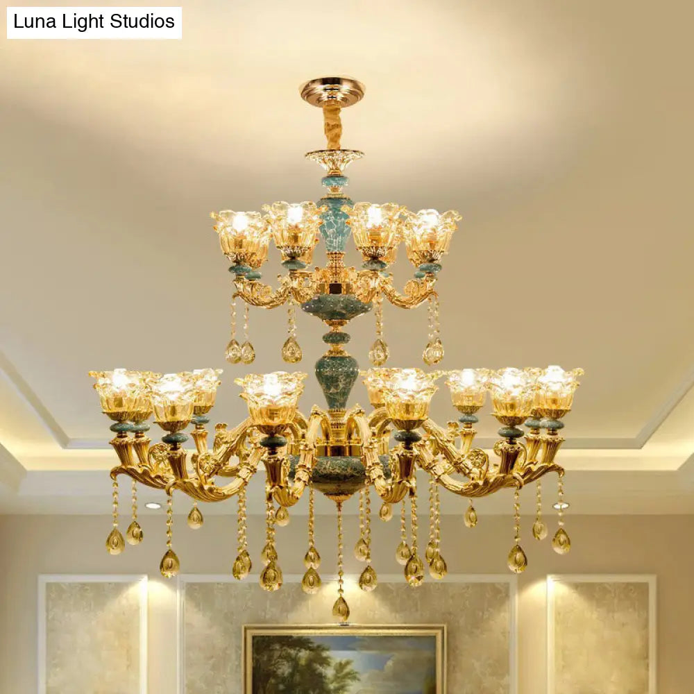 Ruffled Edge Gold Pendant Light With Crystal Draping - Retro Handblown Glass Chandelier For Living