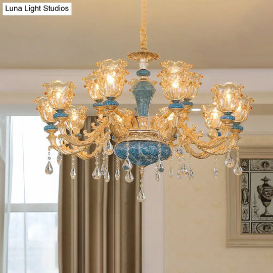 Ruffled Edge Gold Pendant Light With Crystal Draping - Retro Handblown Glass Chandelier For Living