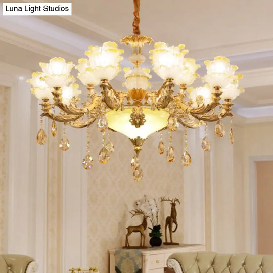 Ruffled Floral Ceiling Glass Chandelier With Crystal Accent - Traditional Lighting Fixture