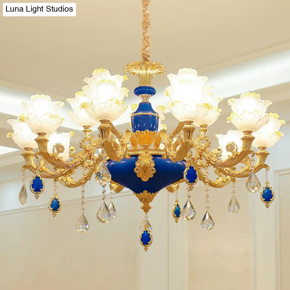 Ruffled Floral Ceiling Glass Chandelier With Crystal Accent - Traditional Lighting Fixture