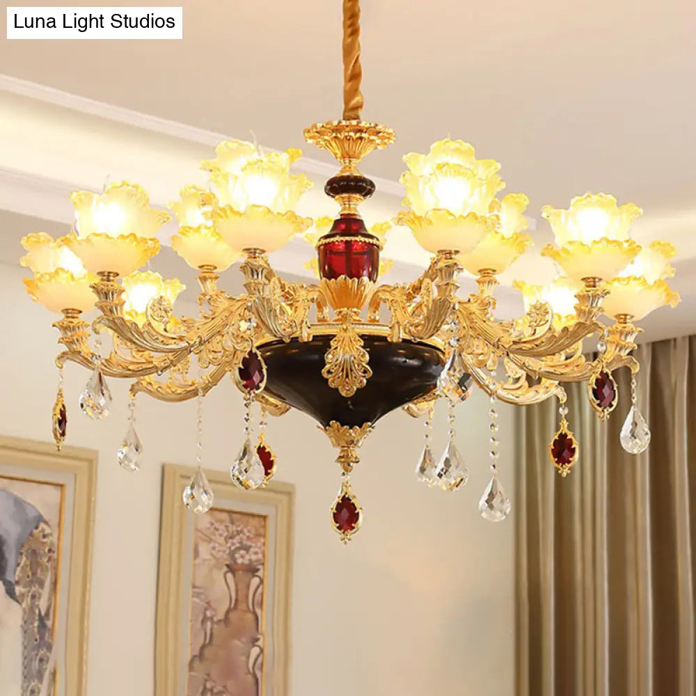 Ruffled Floral Ceiling Glass Chandelier With Crystal Accent - Traditional Lighting Fixture