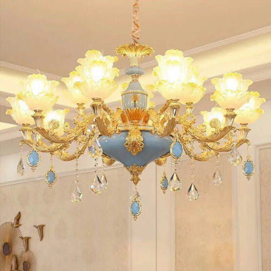 Ruffled Floral Ceiling Glass Chandelier With Crystal Accent - Traditional Lighting Fixture Light