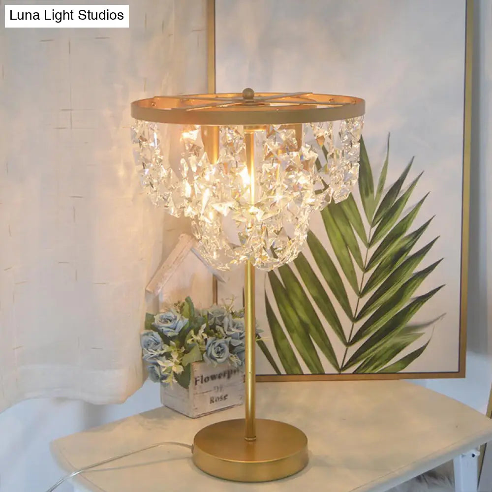 Faceted Glass Table Lamp - Minimalist Gold Nightstand Light With Chain