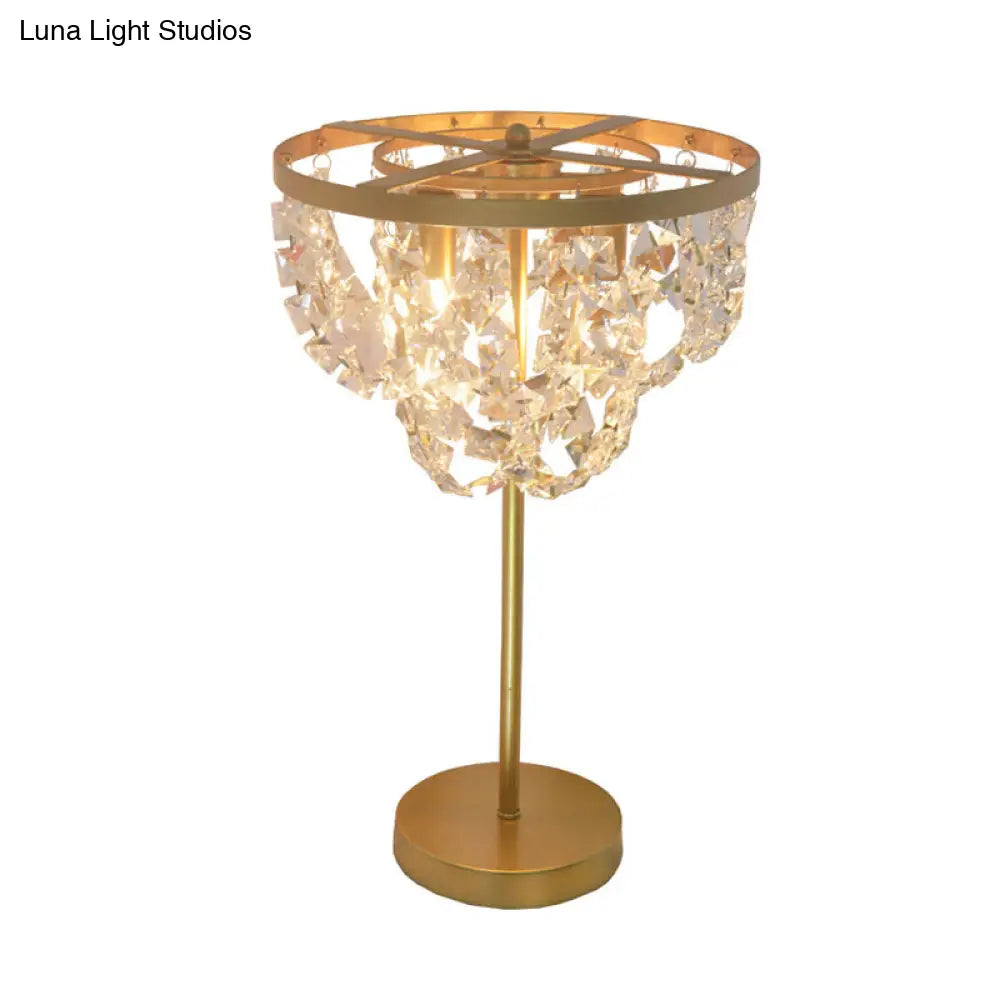 Faceted Glass Table Lamp - Minimalist Gold Nightstand Light With Chain