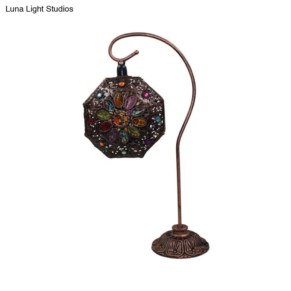 Bronze Stained Glass Octagon Night Lamp - Gooseneck Single-Bulb Table Light