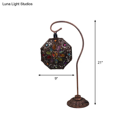 Bronze Stained Glass Octagon Night Lamp - Gooseneck Single-Bulb Table Light