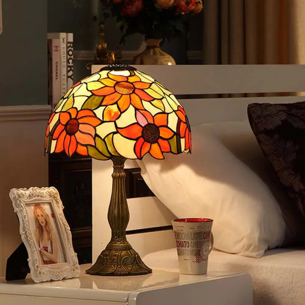 Rukh - Tiffany Sunflowers Night Lamp: Hand-Cut Stained Glass Table Light With Bronze