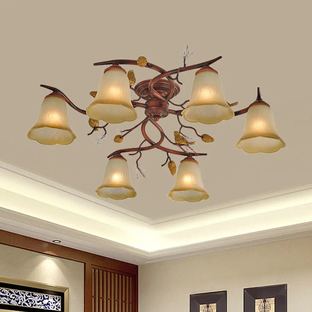 Rural Amber Glass 6-Head Semi-Flush Chandelier With Pinecone Decoration For Dining Room Ceiling