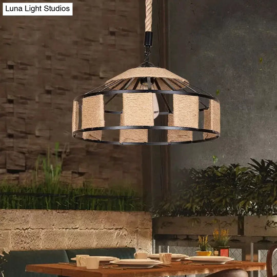 Iron Barn Pendant Light Fixture - Rustic Single-Bulb Ceiling Lamp With Roped Design In Brown Ideal