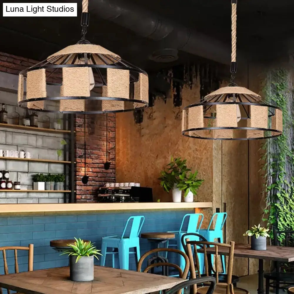 Iron Barn Pendant Light Fixture - Rustic Single-Bulb Ceiling Lamp With Roped Design In Brown Ideal